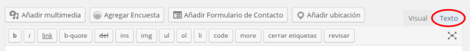 La visualización en modo texto muestra el contenido de la entrada en HTML, tal y como se guarda en el servidor.
