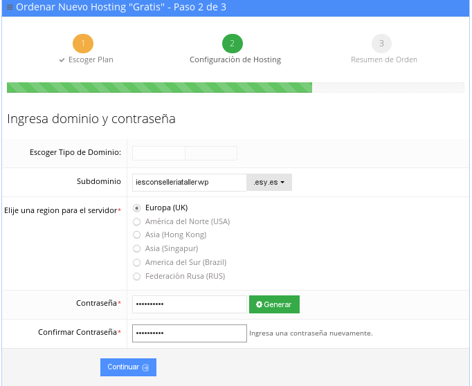 Introducir datos del hosting