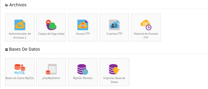Opciones de administración de FTP y Bases de datos 