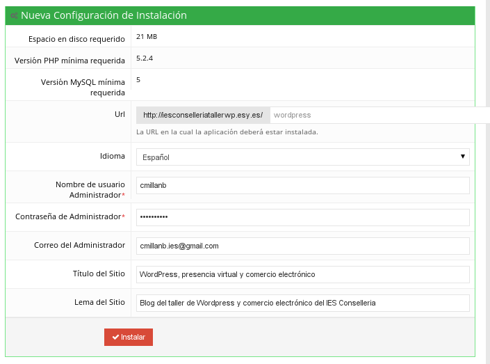 Introducir información para crear el blog