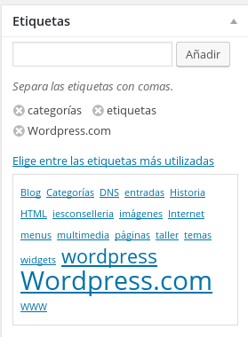 Caja de Etiquetas con la sección de etiquetas frecuentes desplegada. El tamaño indica la frecuencia con que se ha utilizado esa etiqueta en el blog.