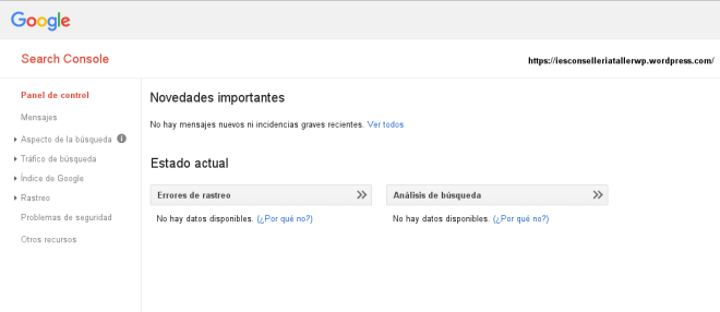 Aspecto de las herramientas para webmasters de Google. De momento, aún no hay datos.